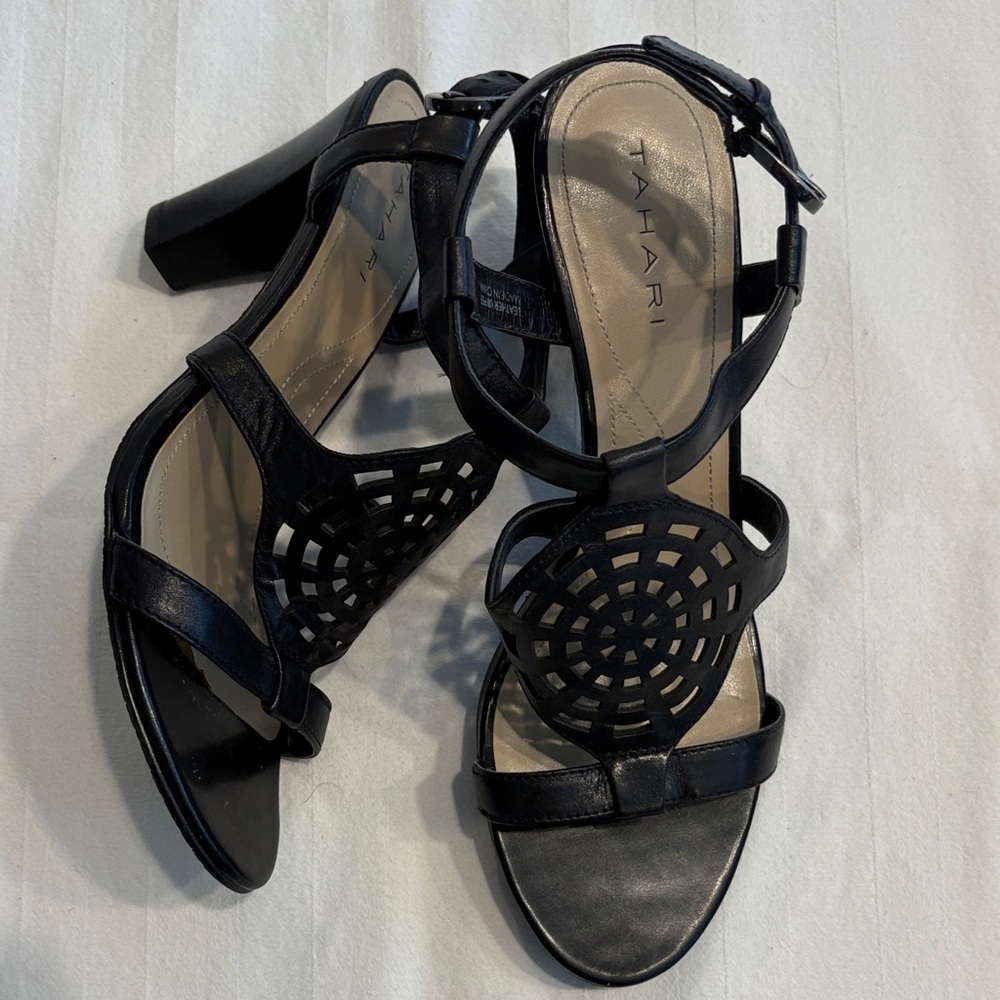 Tahari Black Strappy Leather Heels